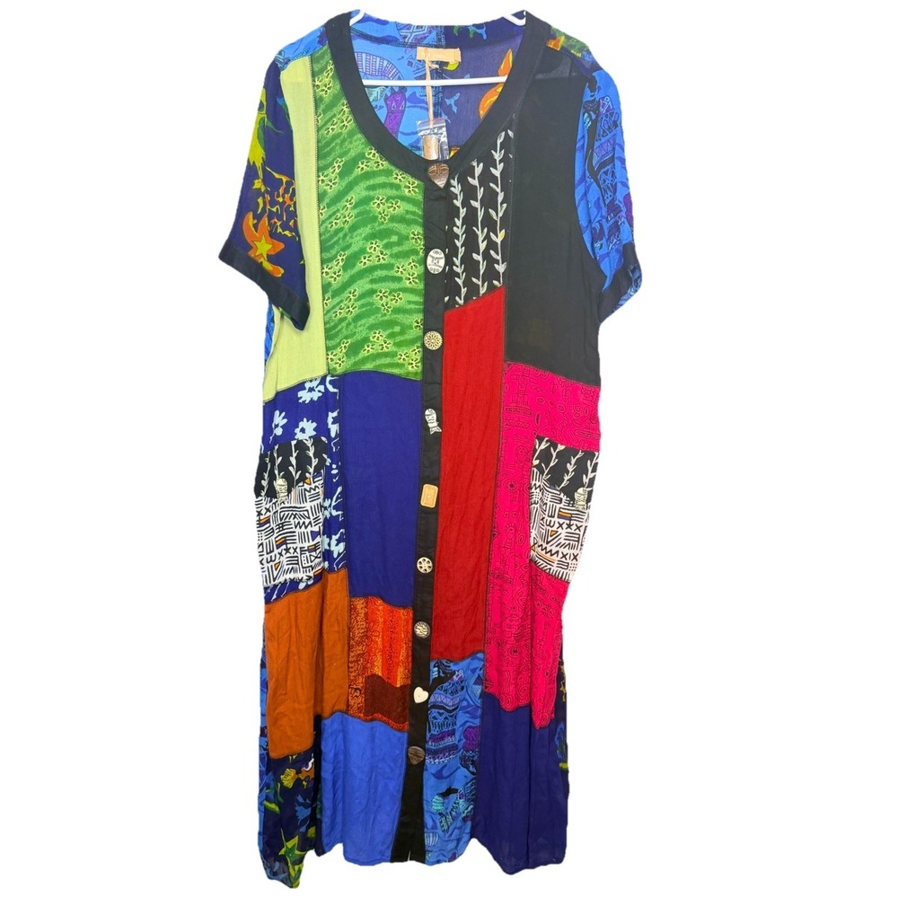 La Cera Vintage 90s Patchwork Rayon Dress Womens‎ Large NWT Art To Wear Boho